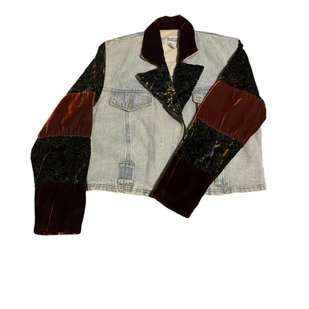 Vintage Basic Blues Patchwork Denim Jacket Velvet… - image 1